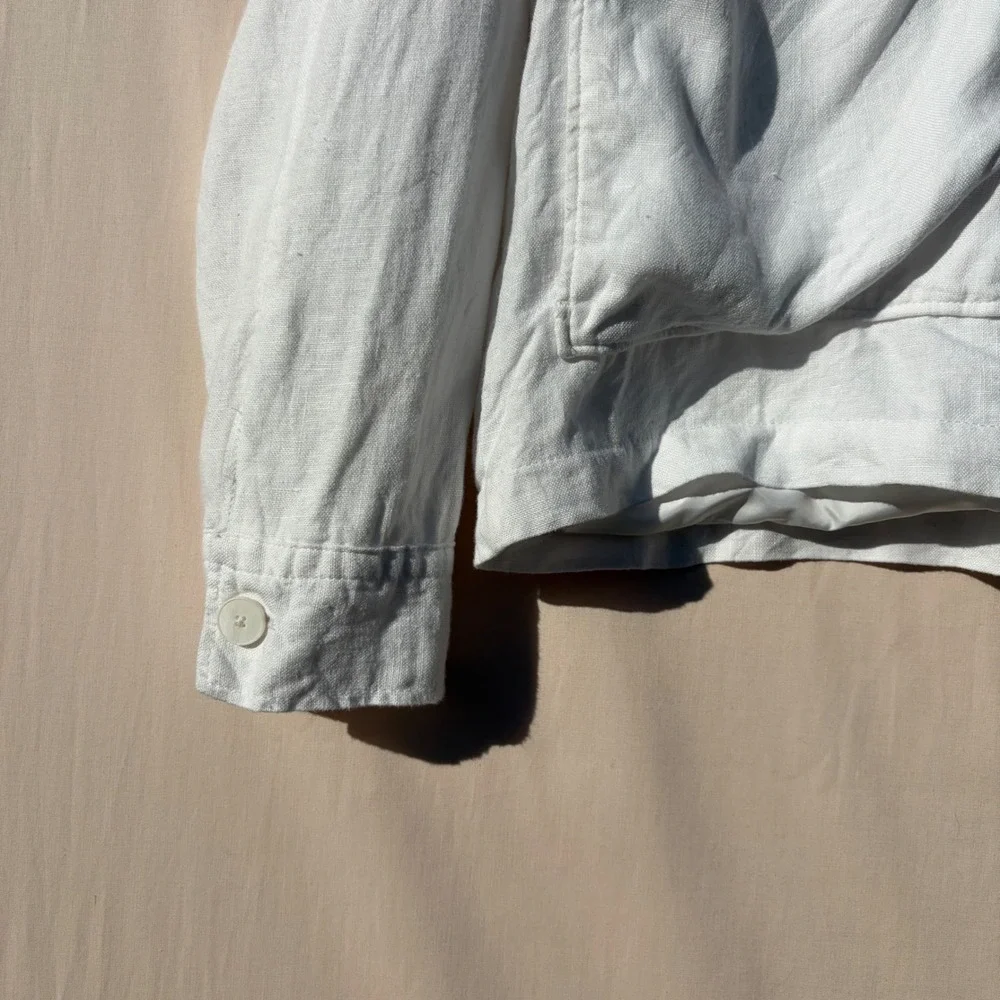 Zara‎ White 100% Linen Utility Jacket Womens XL Button Front Lined Workwear Coat